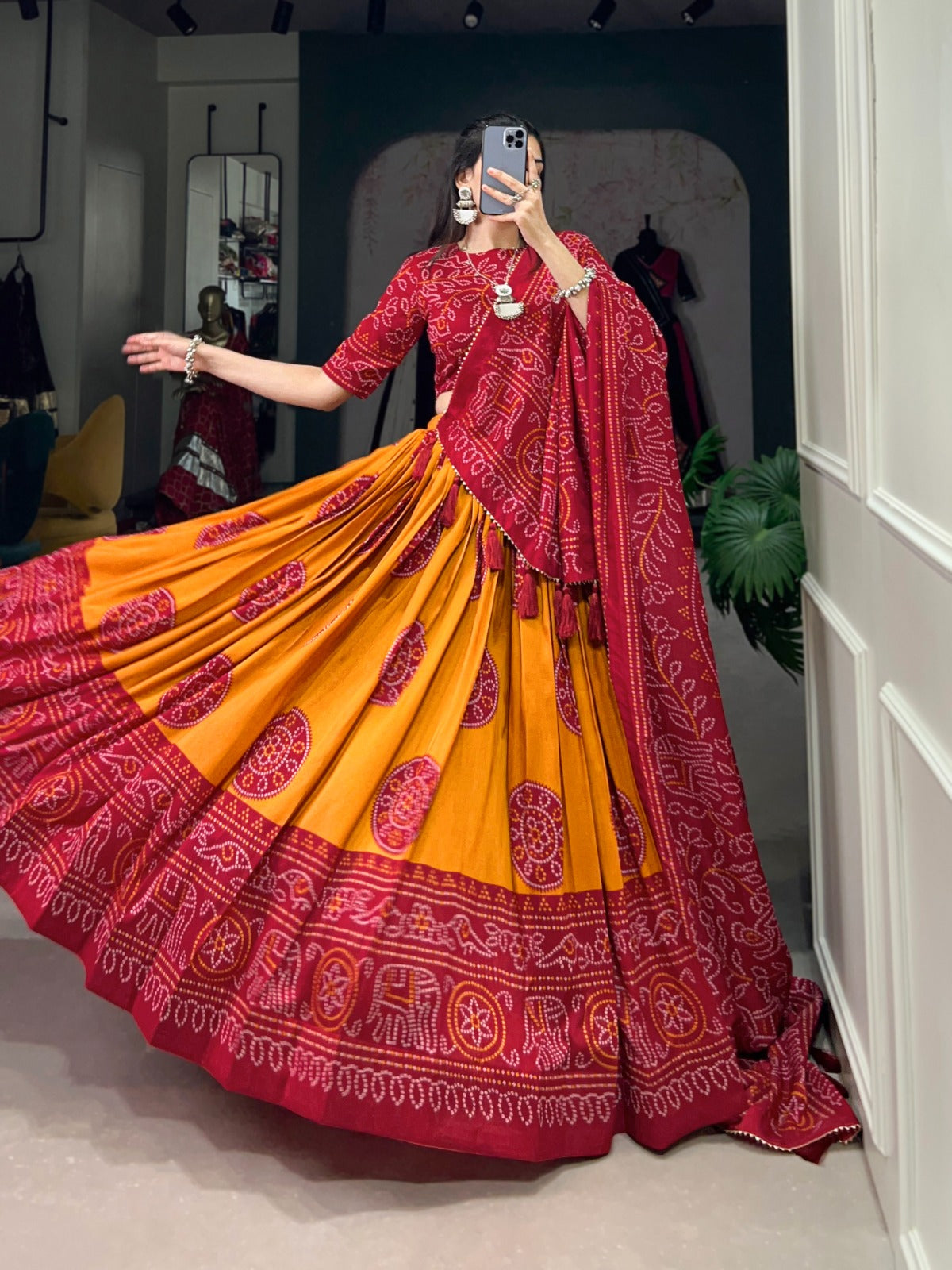 Orange Bandhej Navratri Garba Chaniya Choli with Dupatta