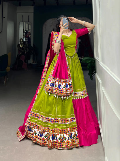 Green Pure Cotton Navratri Chaniya Choli with Gamthi and Gota Patti Work