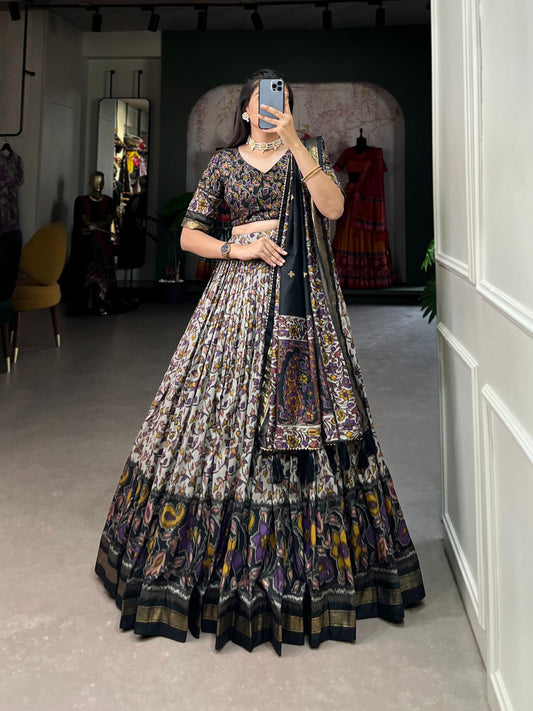 Grey Black Floral Foil Print Tussar Silk Navratri Garba Lehenga Choli