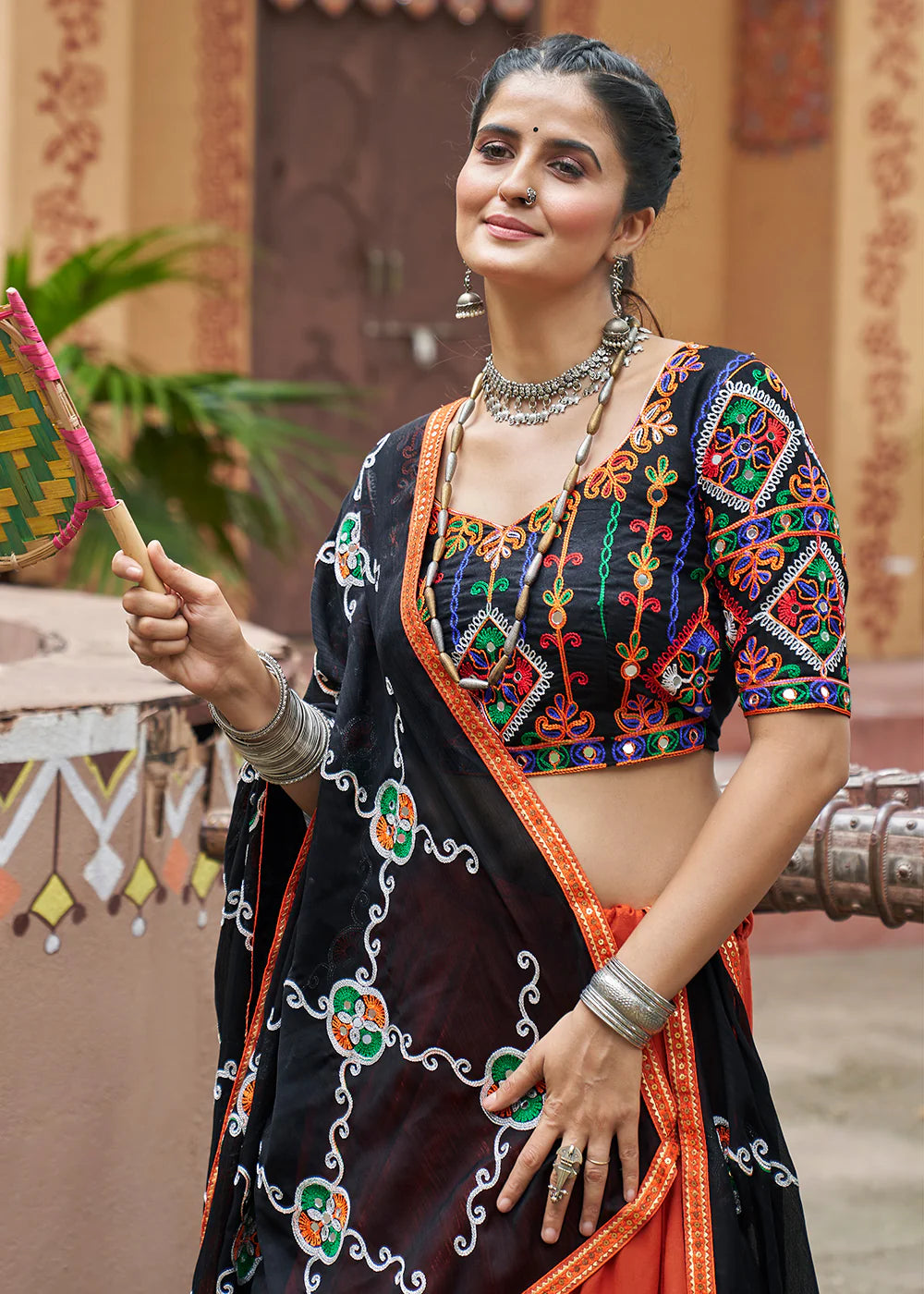 Brick Red and Black Viscose Rayon Navratri Garba Chaniya Choli with Dupatta