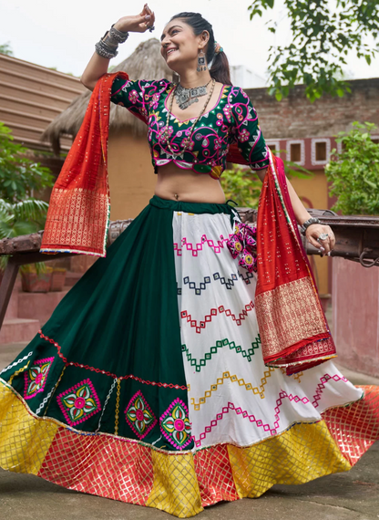 White and Green Viscose Rayon Navratri Garba Chaniya Choli with Cotton Dupatta