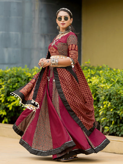 Maroon Navratri Chaniya Choli Set with Mirror and Cowrie Work