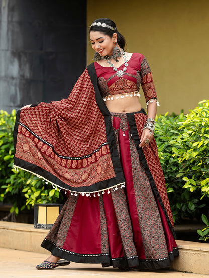 Maroon Navratri Chaniya Choli Set with Mirror and Cowrie Work