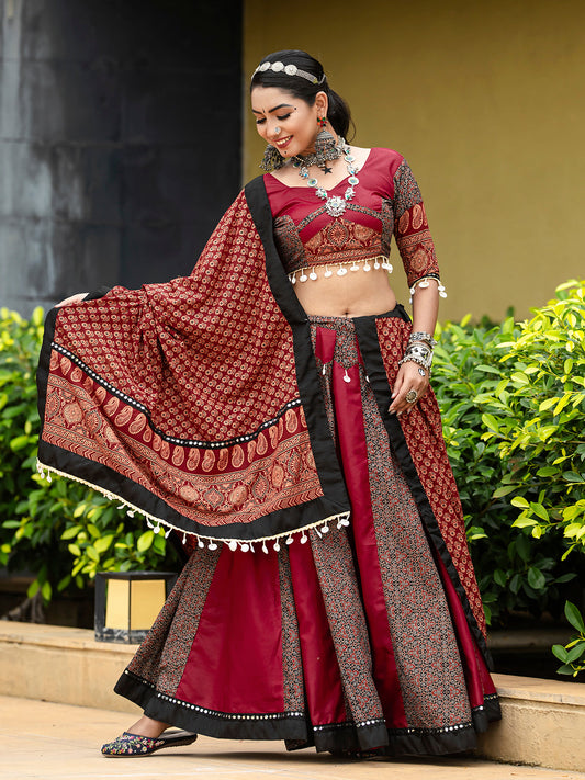 Maroon Navratri Chaniya Choli Set with Mirror and Cowrie Work