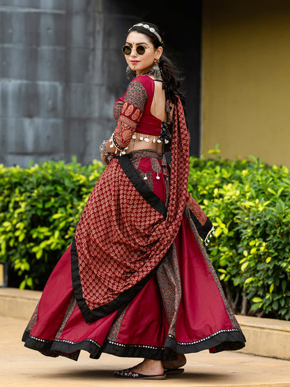 Maroon Navratri Chaniya Choli Set with Mirror and Cowrie Work