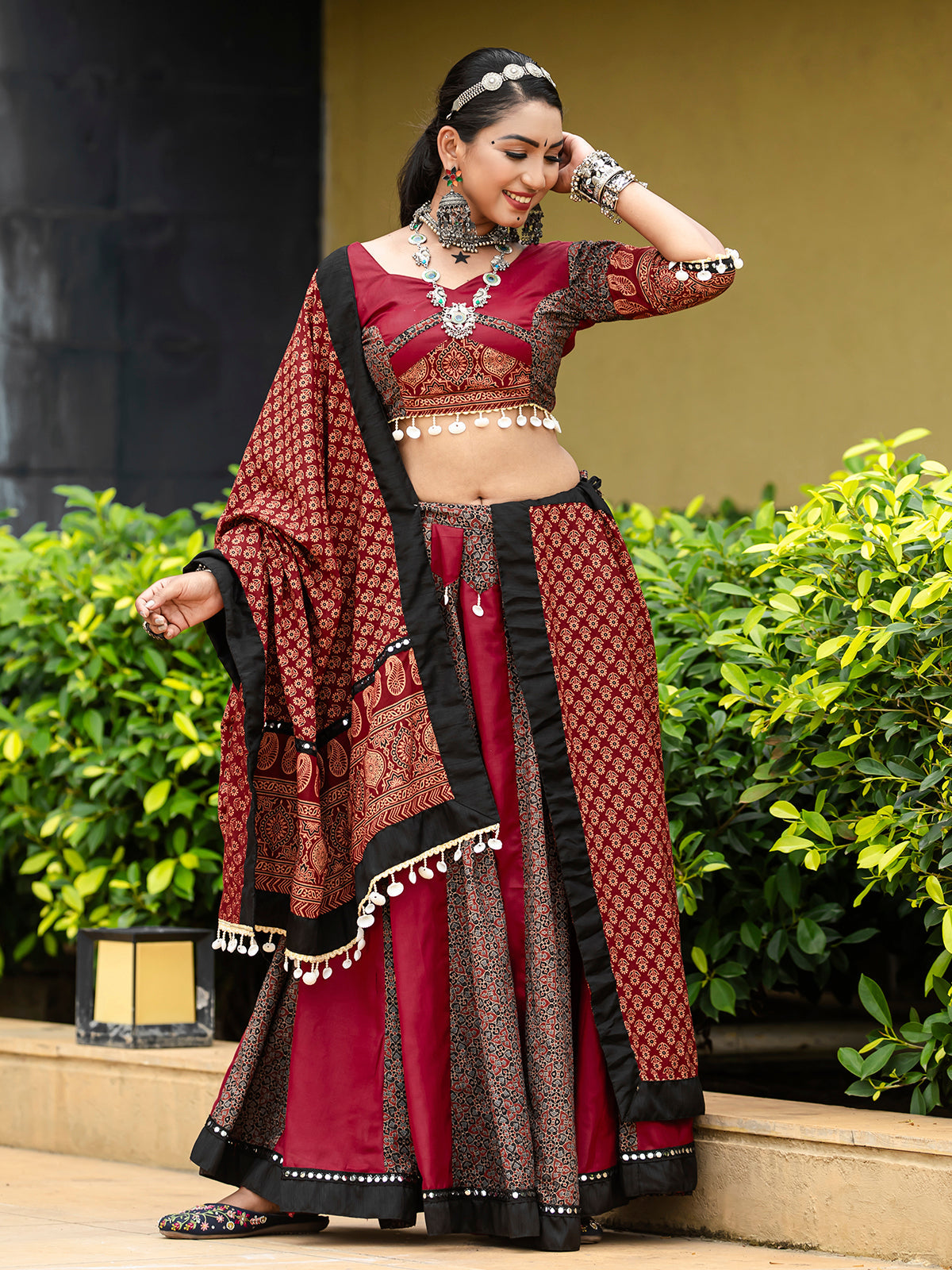 Maroon Navratri Chaniya Choli Set with Mirror and Cowrie Work