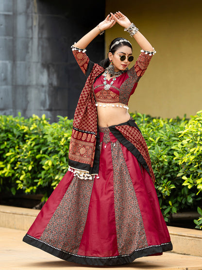 Maroon Navratri Chaniya Choli Set with Mirror and Cowrie Work