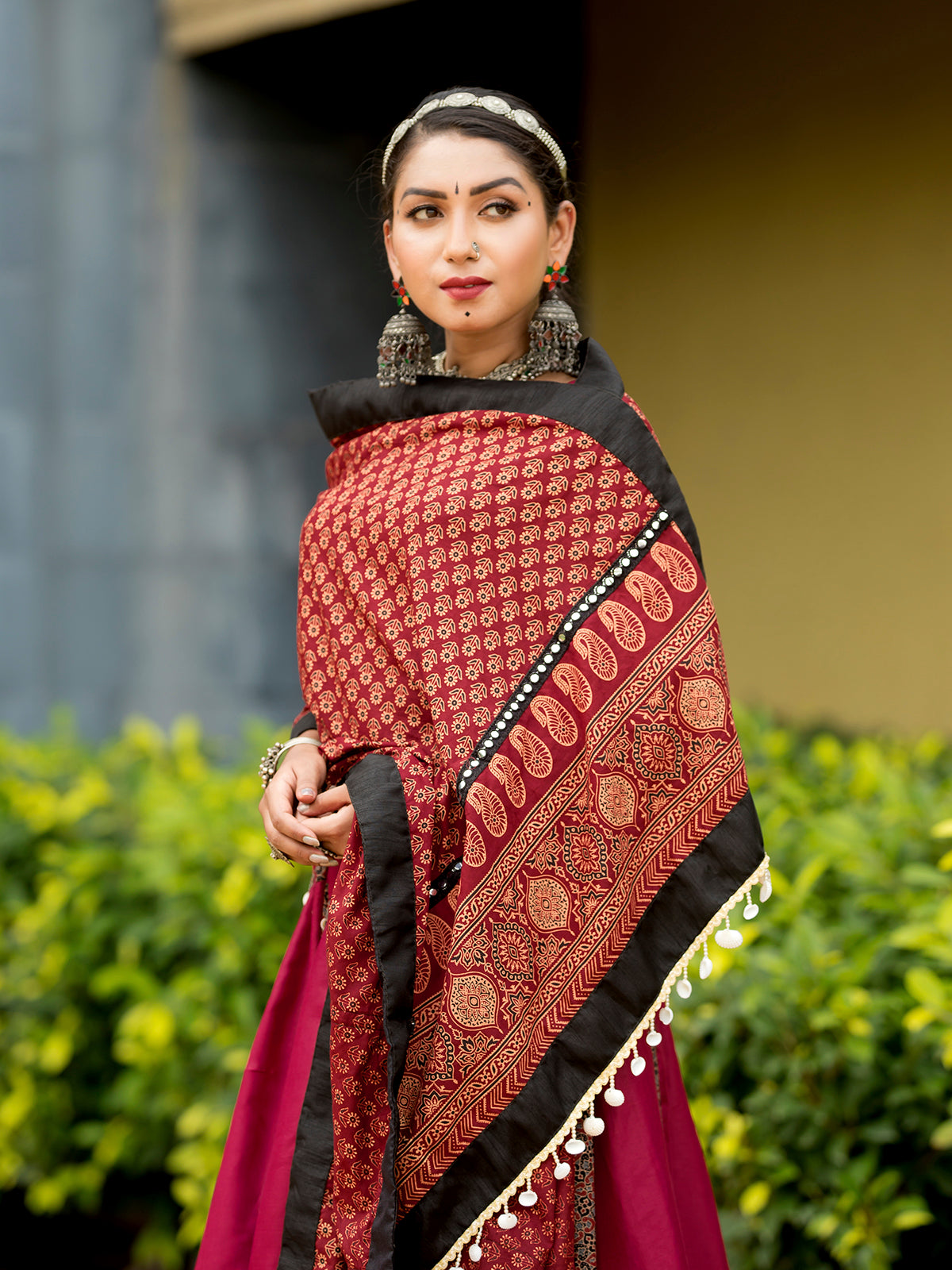 Maroon Navratri Chaniya Choli Set with Mirror and Cowrie Work