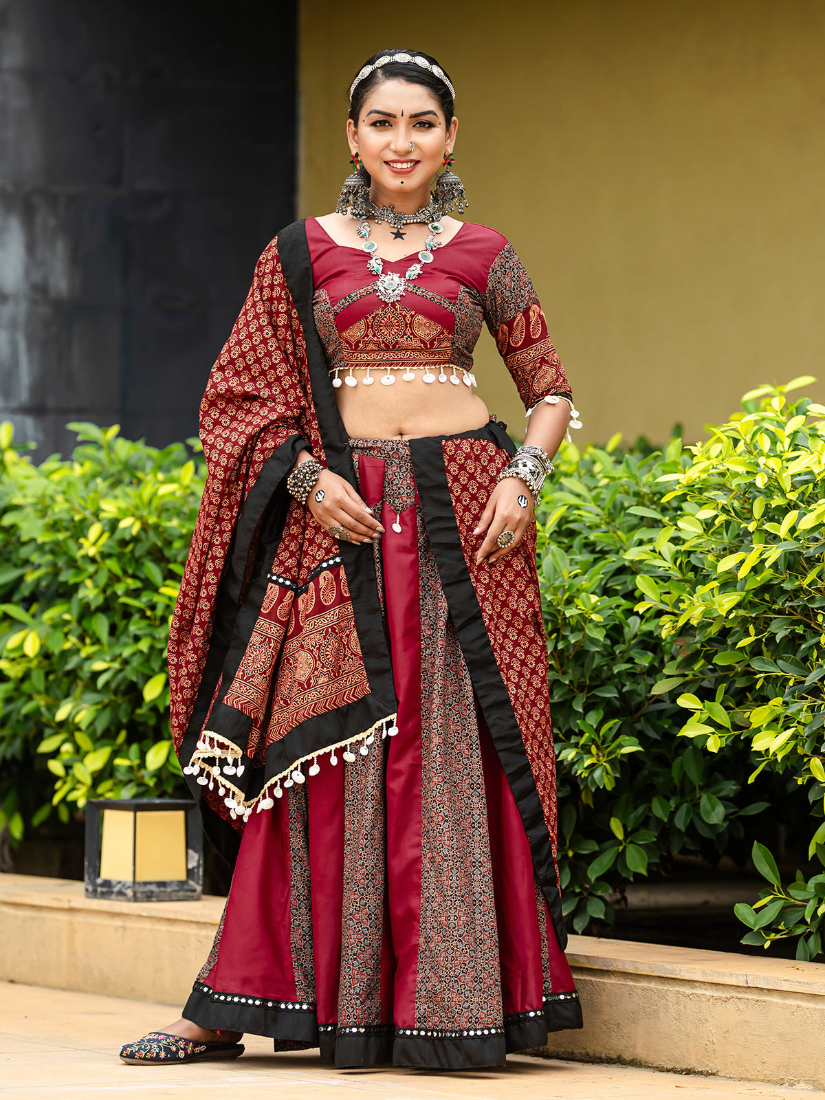 Maroon Navratri Chaniya Choli Set with Mirror and Cowrie Work