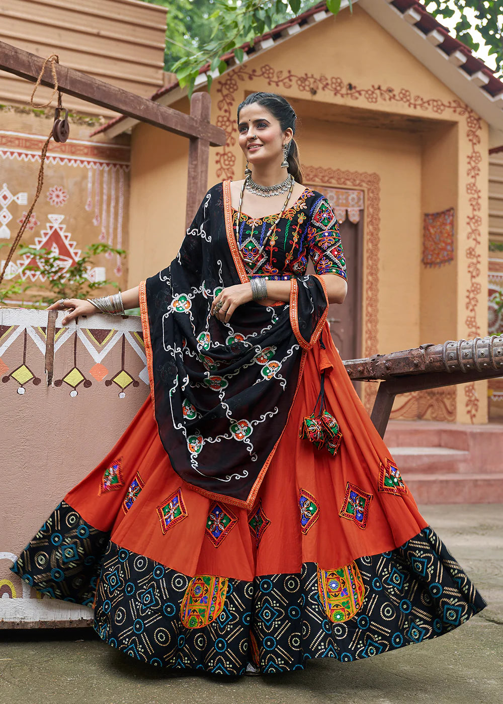 Brick Red and Black Viscose Rayon Navratri Garba Chaniya Choli with Dupatta