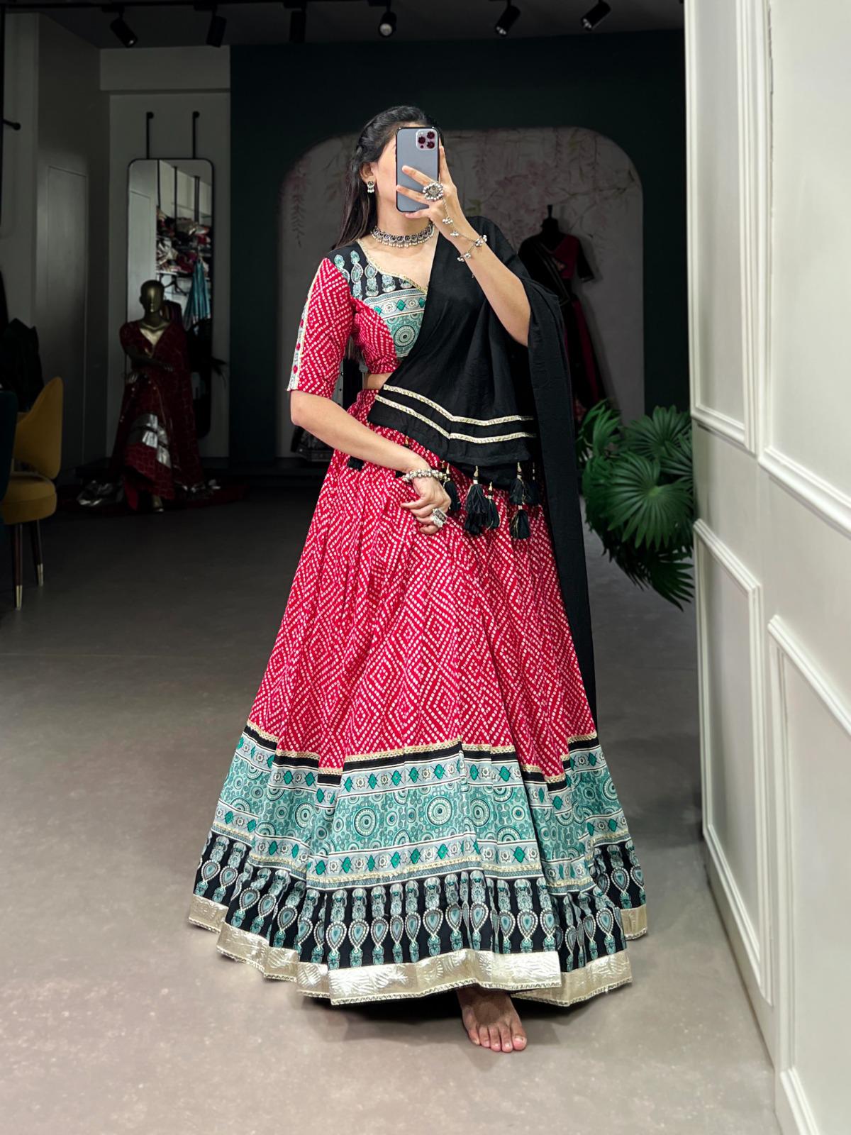 Red Bandhej and Ajrakh Print Rayon Navratri Chaniya Choli with Chanderi Dupatta