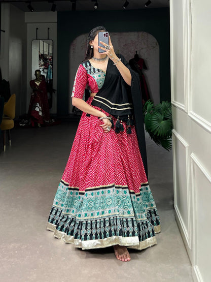 Red Bandhej and Ajrakh Print Rayon Navratri Chaniya Choli with Chanderi Dupatta