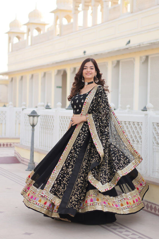 Enchanting Midnight Black Embroidered Georgette Lehenga Choli Set