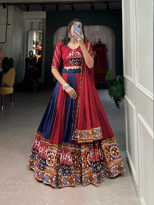 Celebrate with More Colors: Dark Blue Red Silk Chaniya Choli for Navratri Night 💃