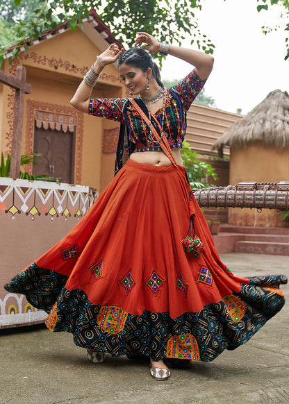 Brick Red and Black Viscose Rayon Navratri Garba Chaniya Choli with Dupatta