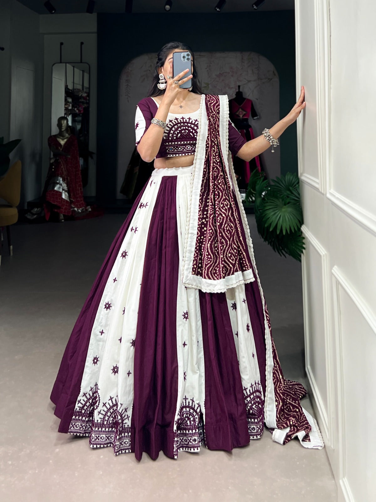 Navratri Garba Wine and White Chaniya Choli Set with Mirror and Gamthi Work