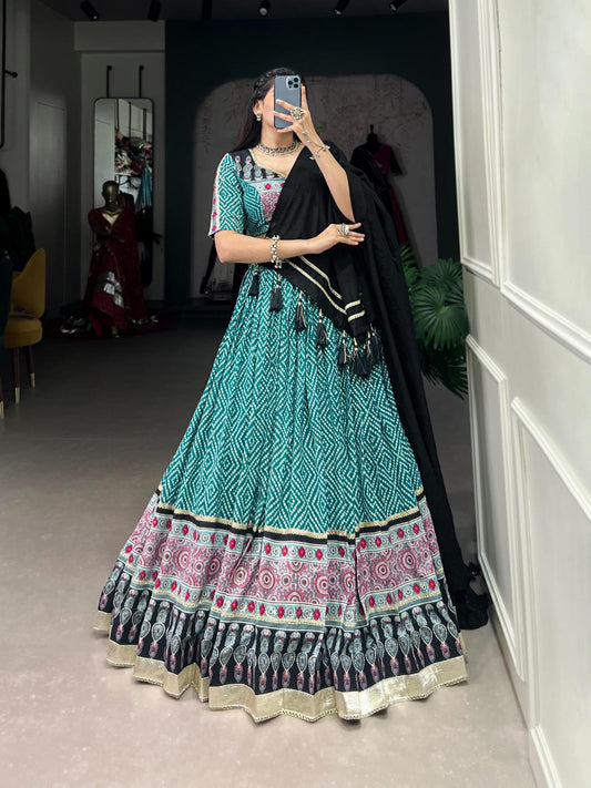 Teal Bandhej and Ajrakh Print Rayon Navratri Chaniya Choli with Chanderi Dupatta