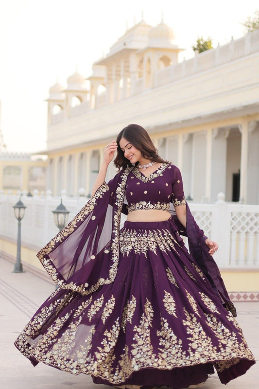 Wine Embroidered Fully Flared Georgette Bridesmaid Lehenga