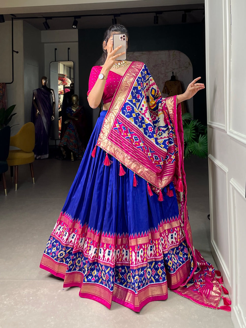 Blue Pink Exquisite Tussar Silk Patola Print Chaniya Choli for Navratr Inayakhan Shop