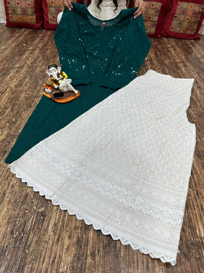 Charmingly Chic: Green Cotton Chikan Kurti with Kalidar Sharara Set