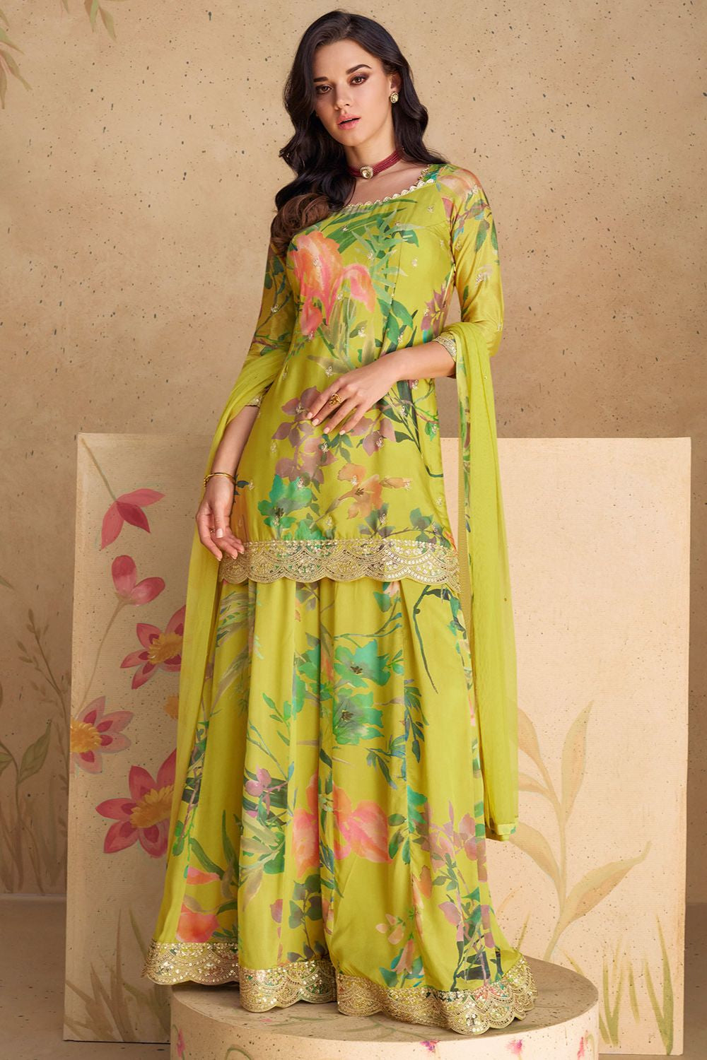 Summer Green Floral Ethnic Salwar Kameez Sharara with Dupatta