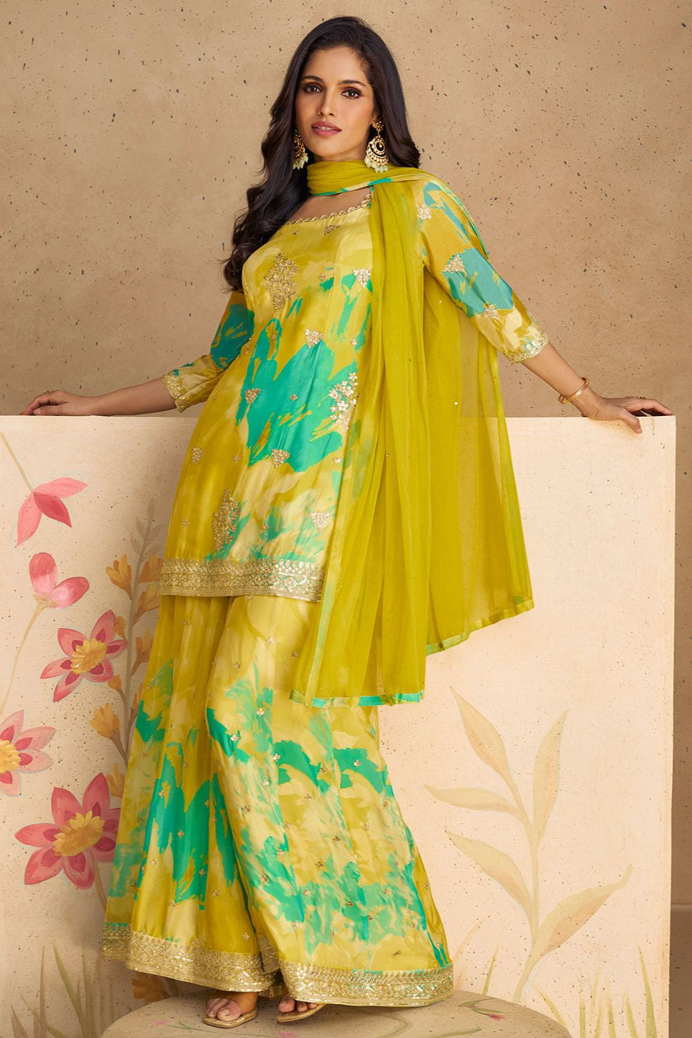 Summer Olive Floral Ethnic Salwar Kameez Sharara with Dupatta