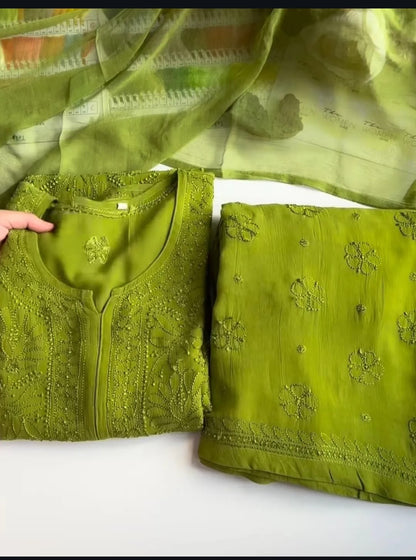 Premium chartreuse green Resham Viscose Jaal Kurti, Palazzo & Dupatta Set (New)