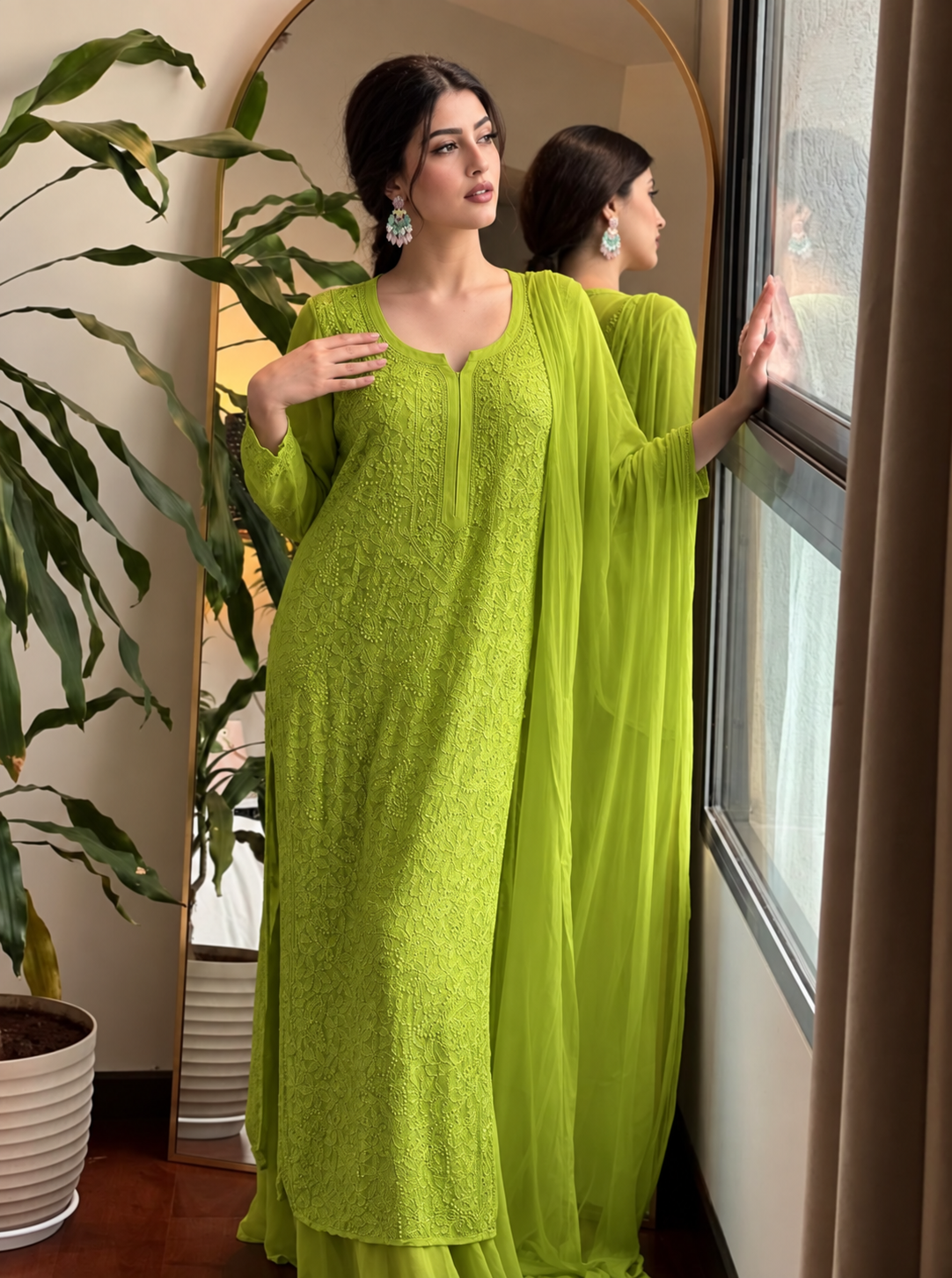 Premium chartreuse green Resham Viscose Jaal Kurti, Palazzo & Dupatta Set (New)