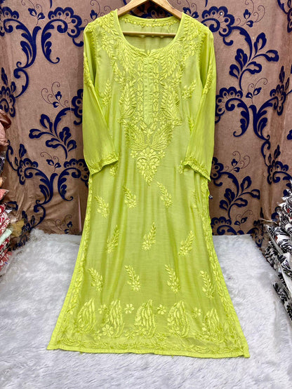 Chatreuse Green Silken Elegance Masleen Kurti - Premium Heavy Work Collection - Inayakhan Shop 