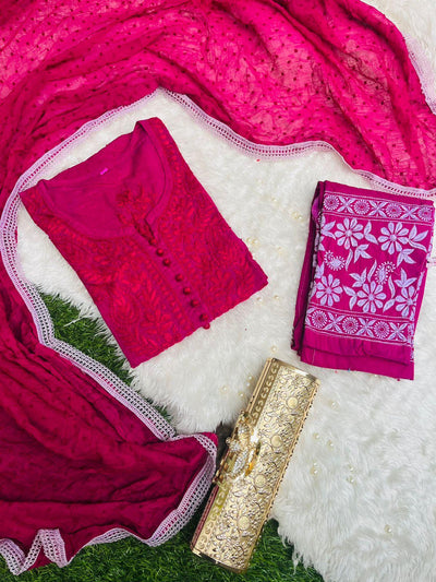 Cherry Chikankari Handwork Cotton Dyeable Set , Dobby Bundi Dupatta from Lucknow