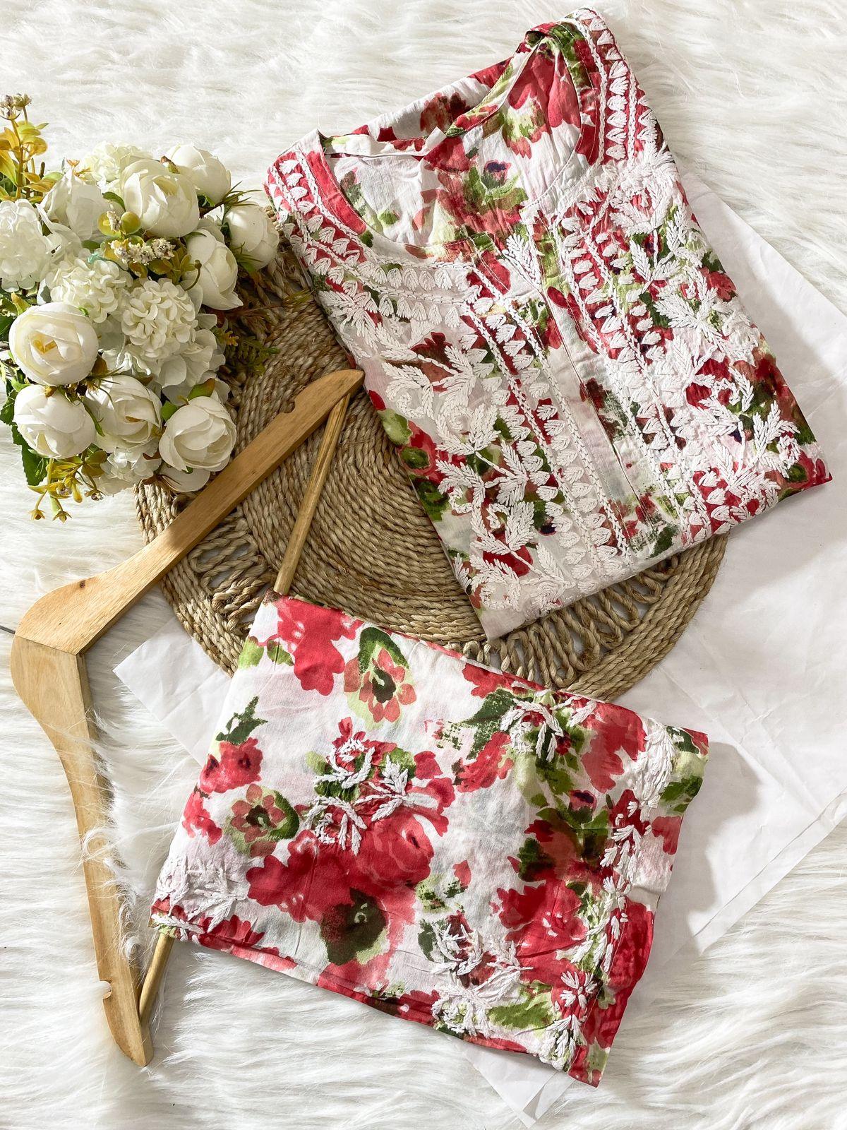 Cherry white Floral Elegance Mul Mul Cotton Pallazo Coord Set - Inayakhan Shop 