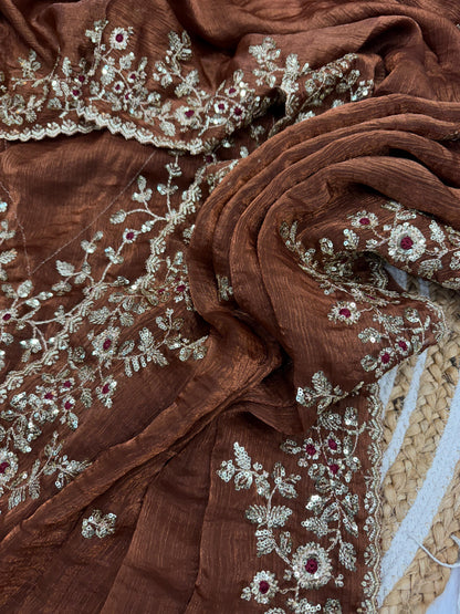 Brown Party Wear Chiffon Sequin Embroidered Saree (New)