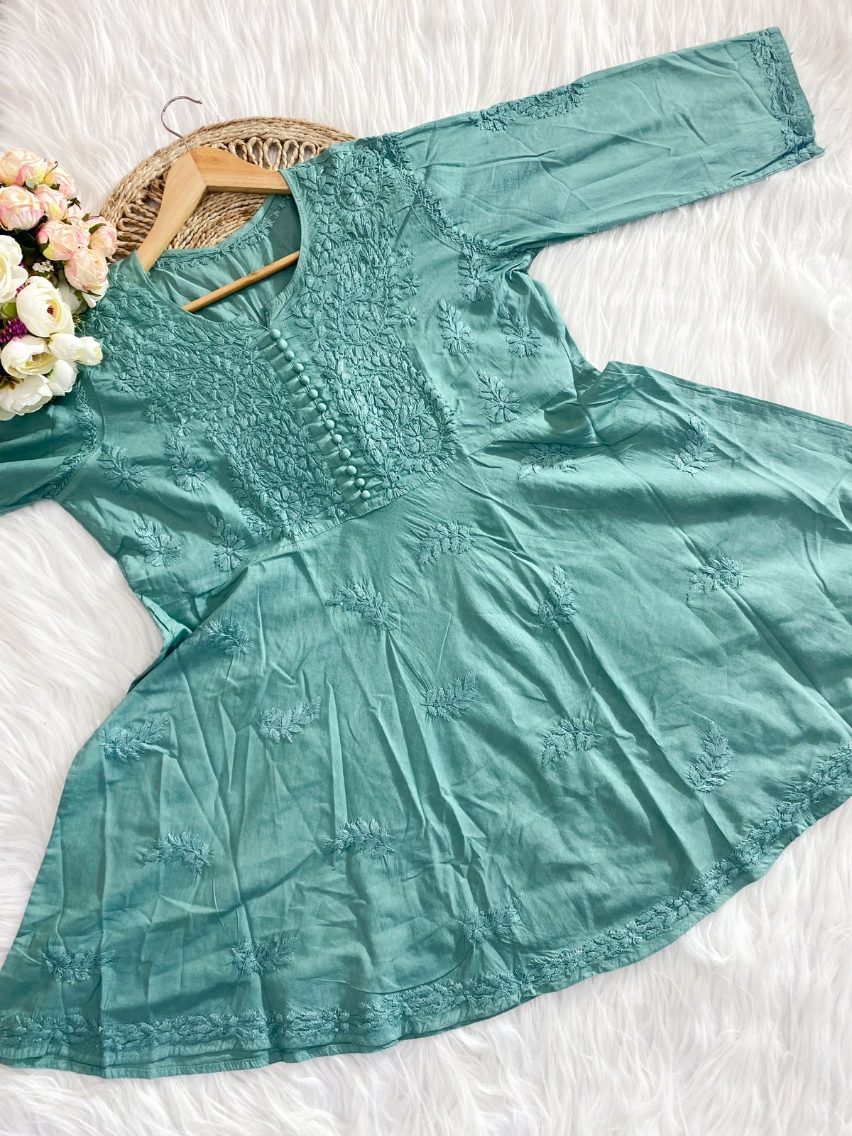 Green Pure Mal Mal Dyed Gharara Co-ord Set with Lucknow Chikankari Work