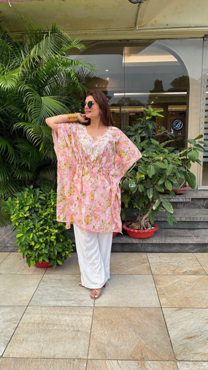 Pink Lucknow Chikankari Mul Mul Kaftan & Pallazo Set with Ghas Patti Work