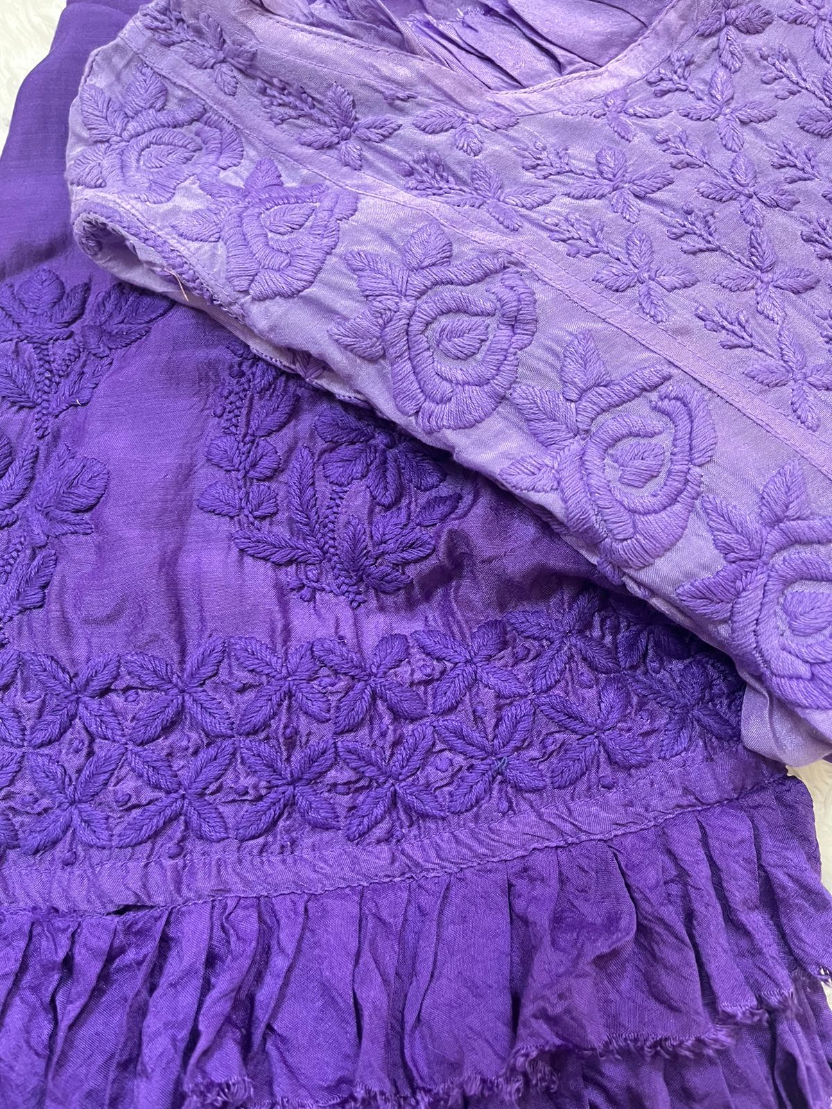 Purple Super Soft Pure Muslin Lucknow Chikankari Gown with Lycra Pants