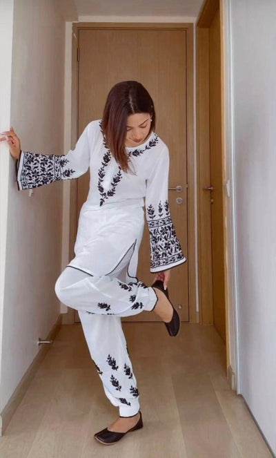 Chikankari Elegance: Black & White Afghani Pant Kurti Set Pakistani Style