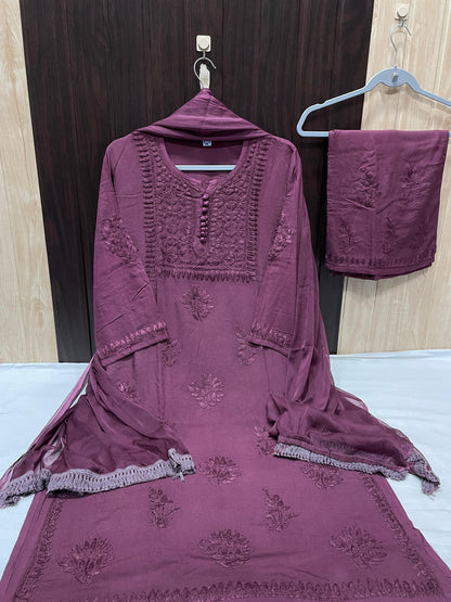 Wine Elegant Lucknow Chikankari Handcrafted 3-Piece Rayon Kurti, Pallazo, and Dupatta Set