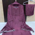 Wine Elegant Lucknow Chikankari Handcrafted 3-Piece Rayon Kurti, Pallazo, and Dupatta Set