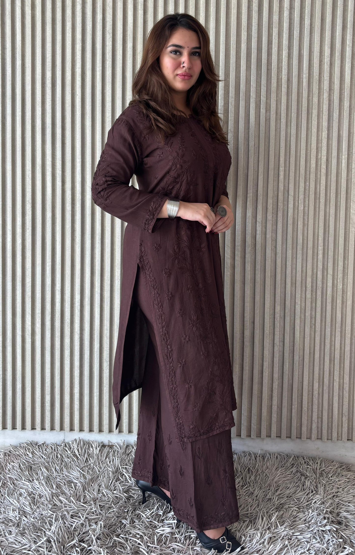 Coffee Brown Rayon Lucknow Chikankari Kurta with Palazzo Set