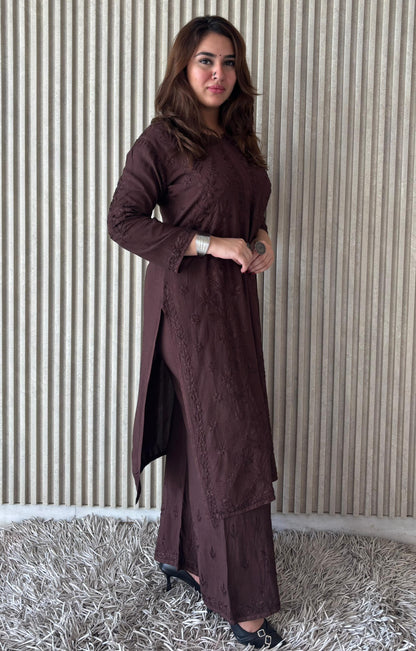 Coffee Brown Rayon Lucknow Chikankari Kurta with Palazzo Set