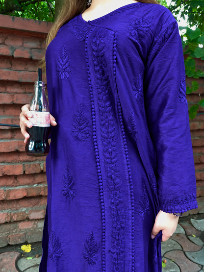 Premium Royal Indigo Chanderi Silk Lucknow Chikankari Kurti & Lace Pant Set (NEW)