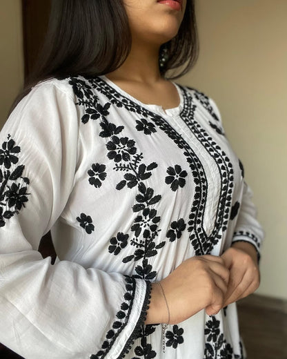 Black & White Premium Lucknow Chikankari Modal Kurti & Afghani Pant Set – Handcrafted Elegance