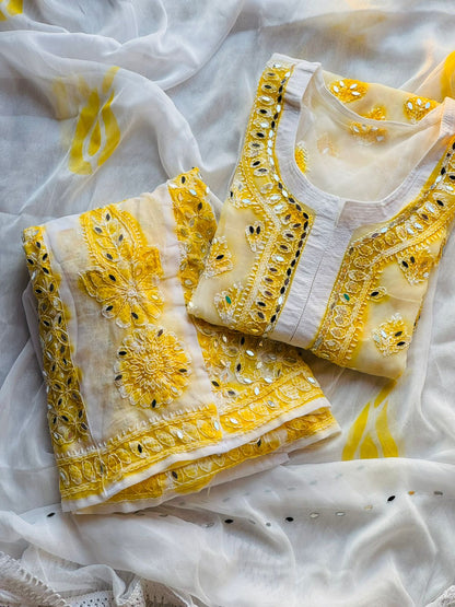 Yellow Premium Lucknowi Chikankari Spray Printed Mirror Set with Dupatta