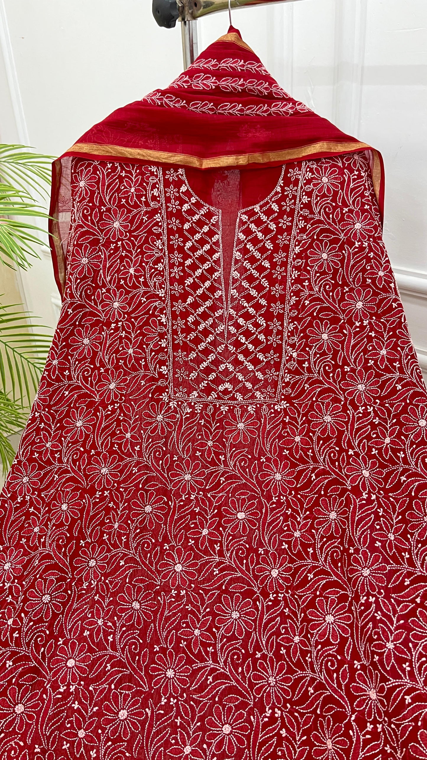 Red Premium Front Jaal Collection Pure Mul Chikankari Suit Set