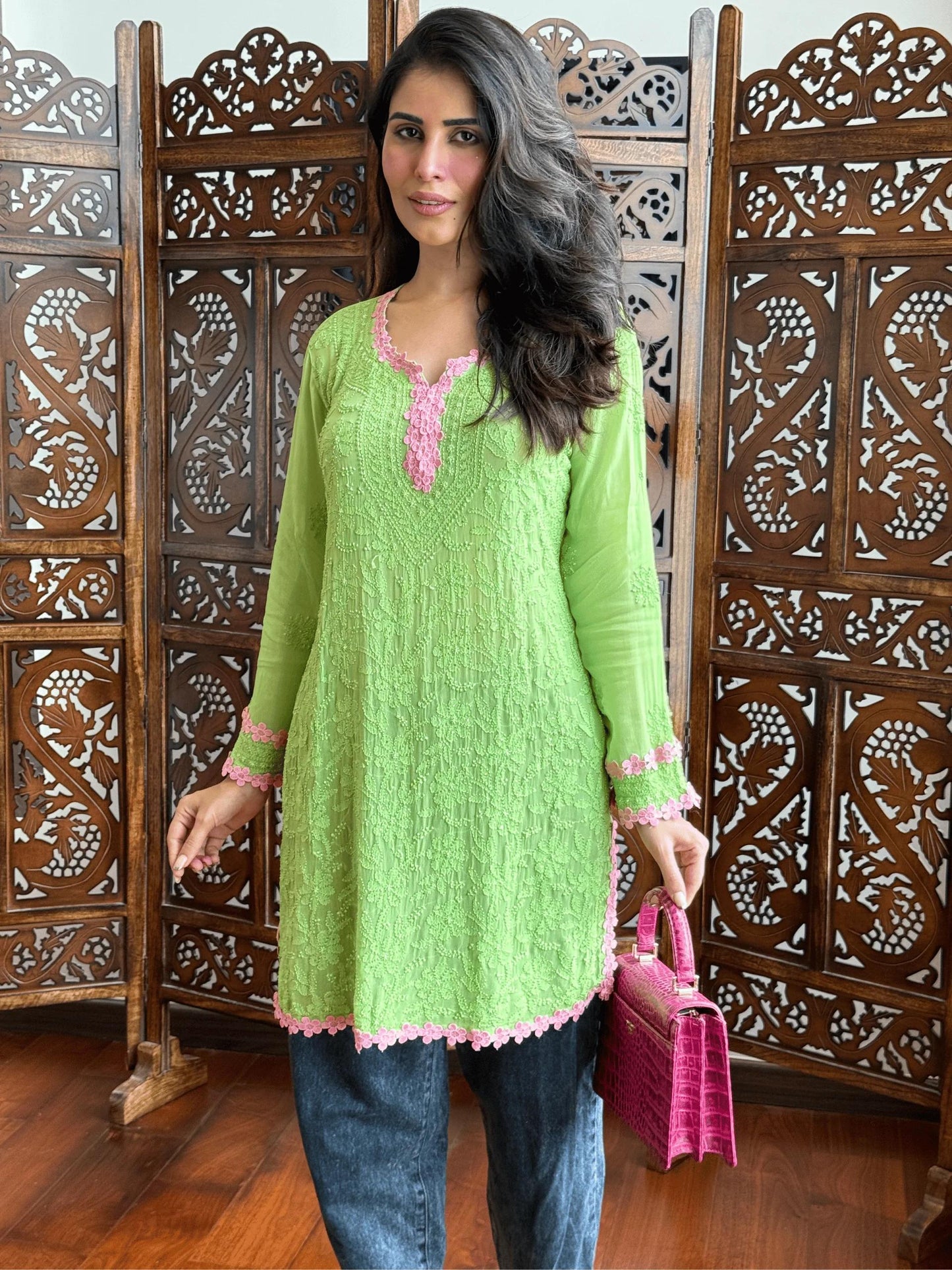 Verdant Green Premium Resham Viscose Jall Short Kurti