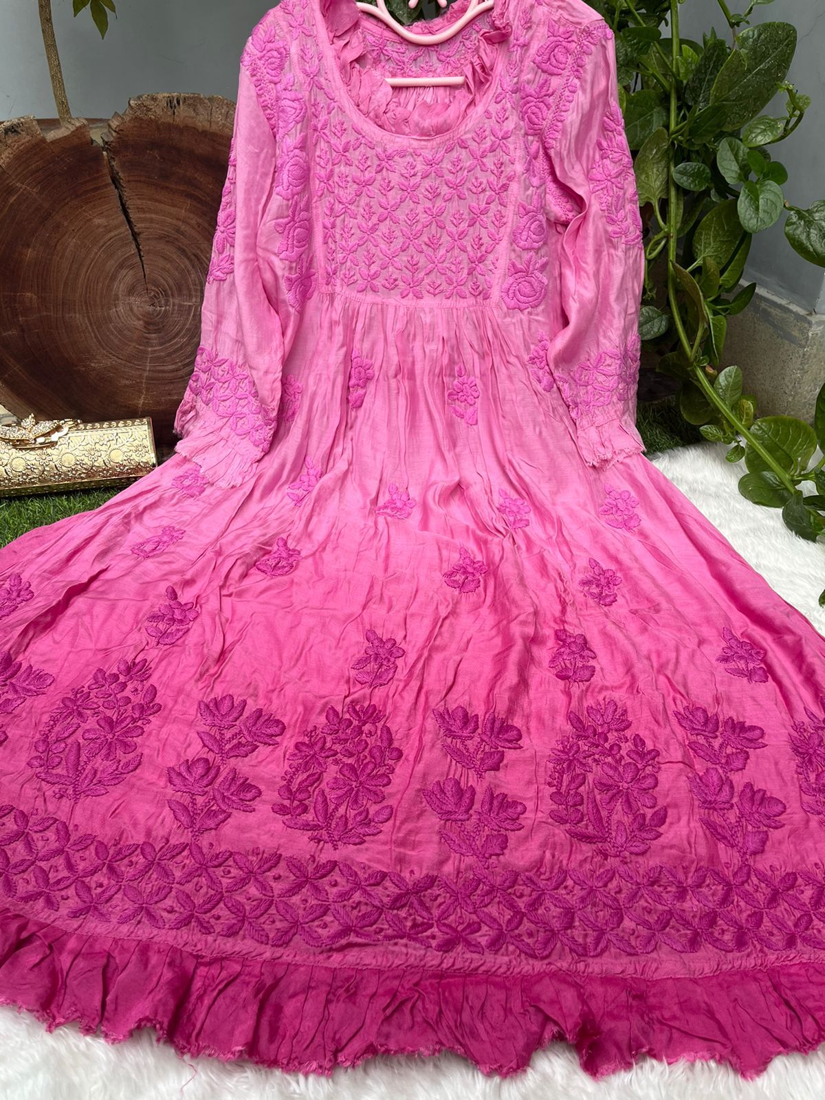 Pink Super Soft Pure Muslin Lucknow Chikankari Gown with Lycra Pants