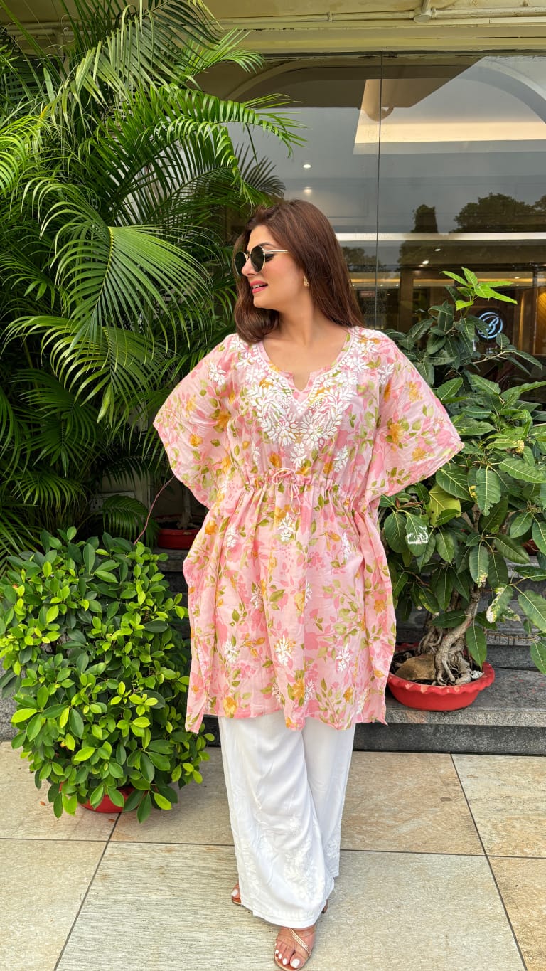 Pink Lucknow Chikankari Mul Mul Kaftan & Pallazo Set with Ghas Patti Work