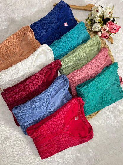 Red Chinon Nyra Style 3D handwork Lucknow Chikankari Kurti Set