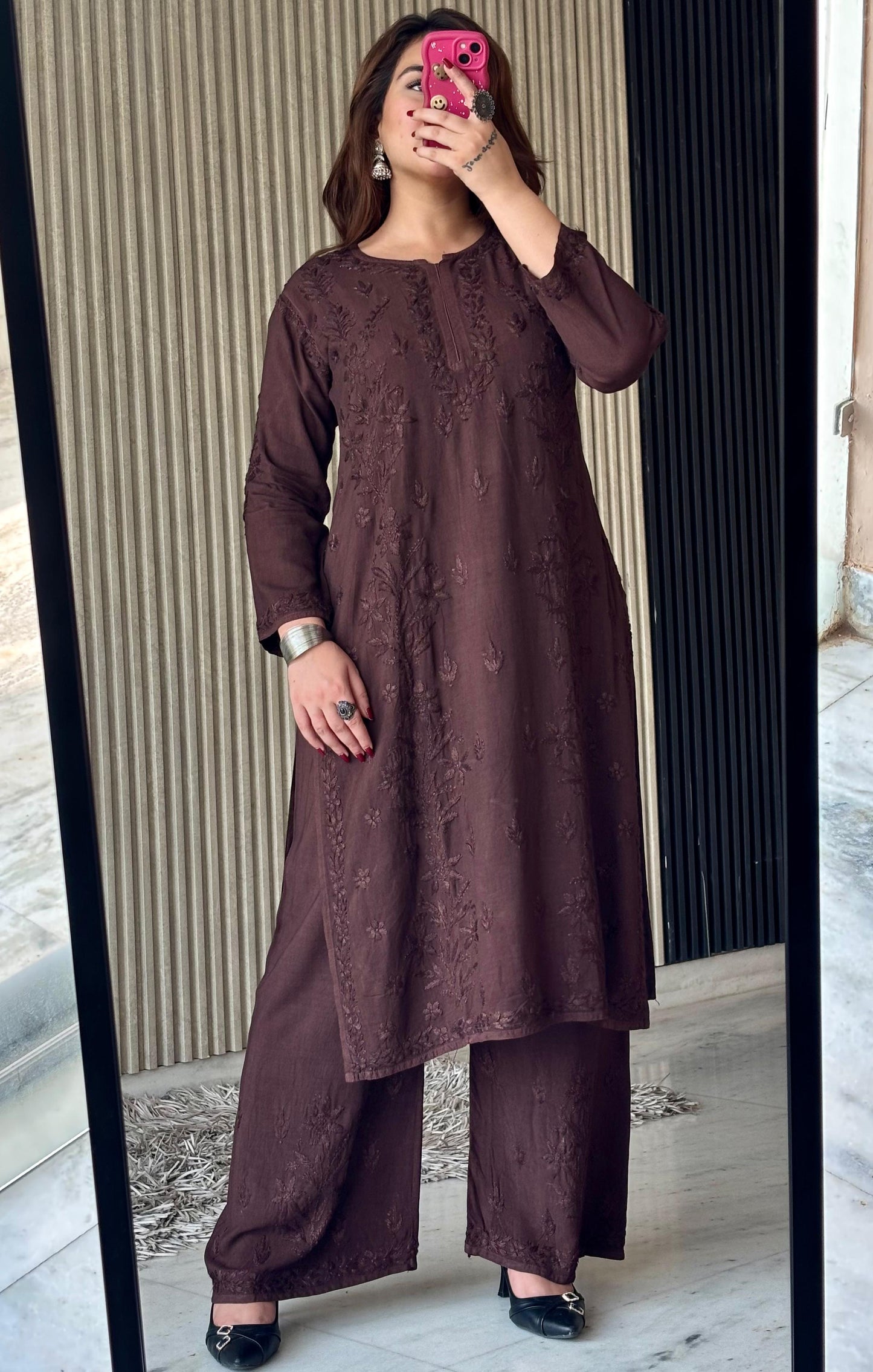 Coffee Brown Rayon Lucknow Chikankari Kurta with Palazzo Set