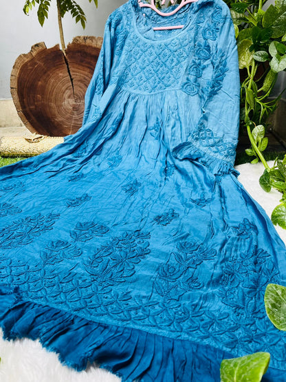 Blue Super Soft Pure Muslin Lucknow Chikankari Gown with Lycra Pants